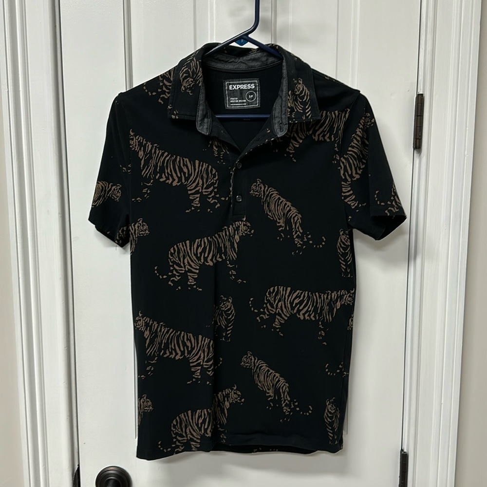 Express Tiger Print Polo Short Sleeve Shirt - Soft, Stretchy & Black